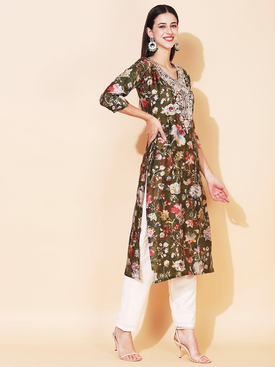 Floral Printed & Embroidered Straight Fit Kurta - Sap Green - Indiakreations