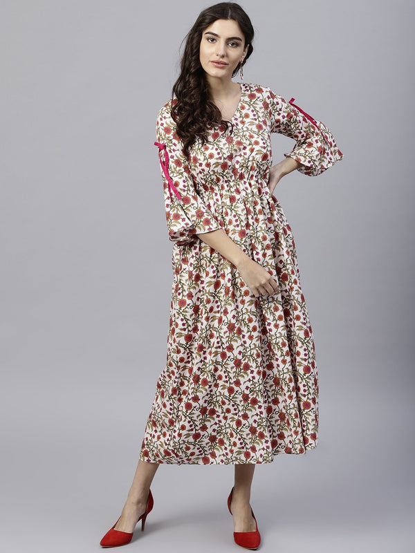 White cotton Floral printed A-Line maxi dress with V-neck and flared Sleeves | NOZ2TOZ - Made In INDIA.