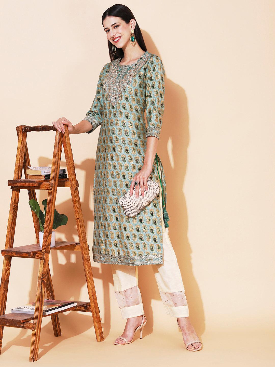 Ethnic Printed & Embroidered Straight Fit Kurta - Sage Green - Indiakreations