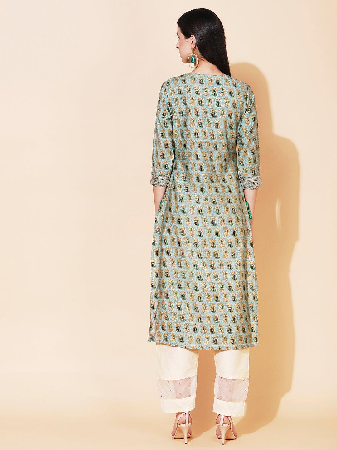 Ethnic Printed & Embroidered Straight Fit Kurta - Sage Green - Indiakreations