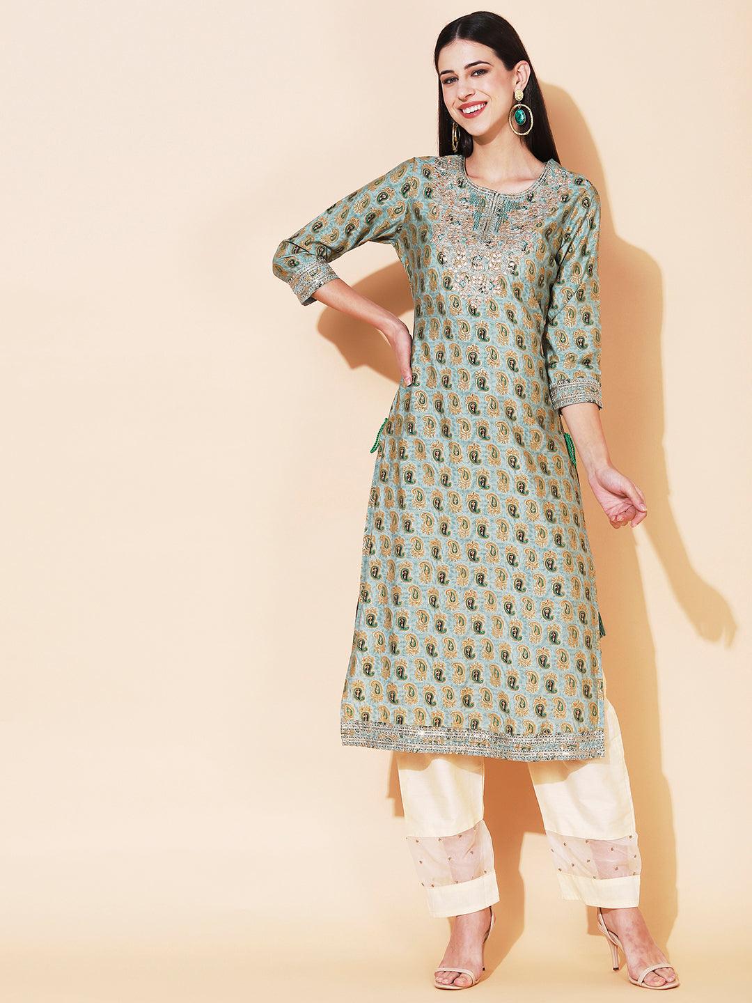 Ethnic Printed & Embroidered Straight Fit Kurta - Sage Green - Indiakreations