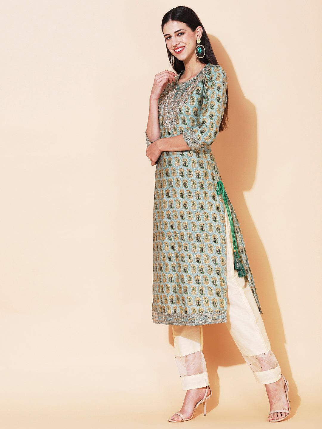 Ethnic Printed & Embroidered Straight Fit Kurta - Sage Green - Indiakreations