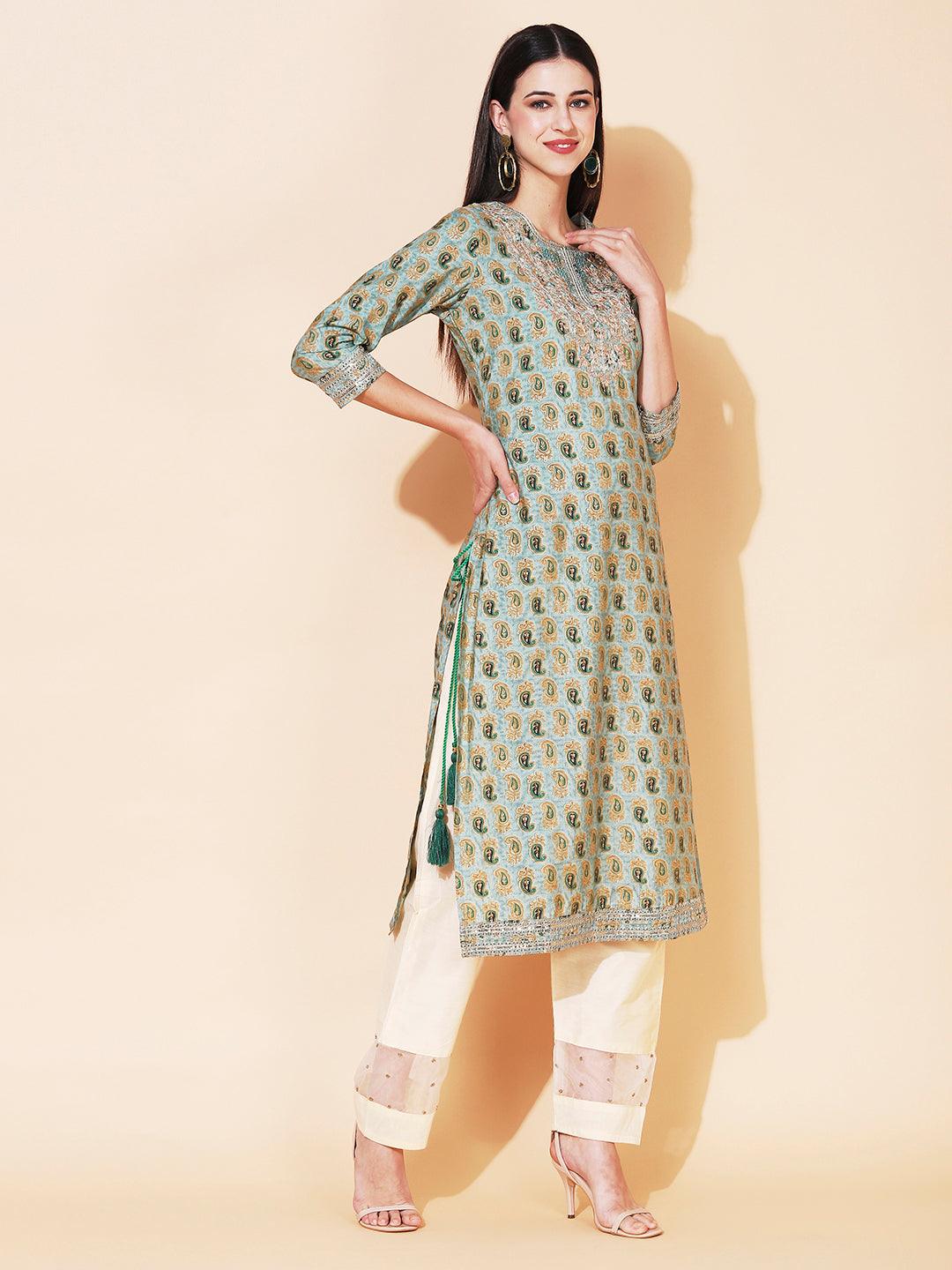 Ethnic Printed & Embroidered Straight Fit Kurta - Sage Green - Indiakreations