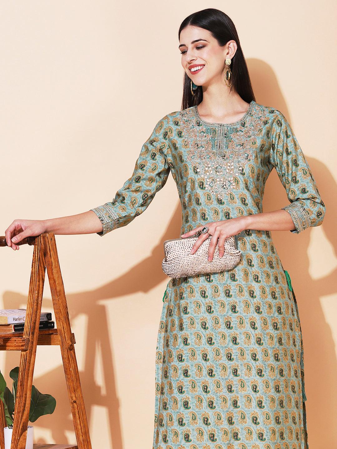 Ethnic Printed & Embroidered Straight Fit Kurta - Sage Green - Indiakreations