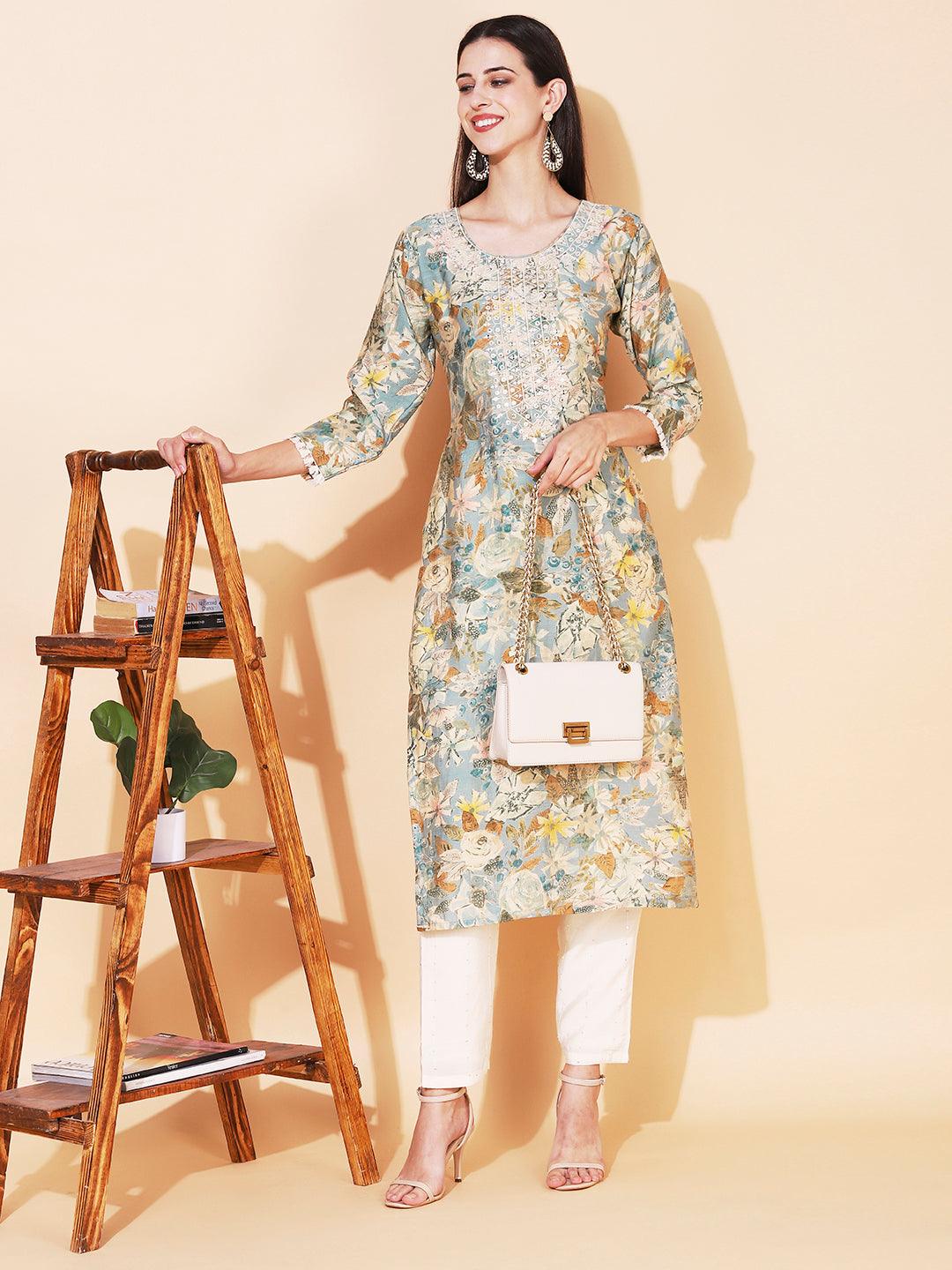 Abstract Floral Printed & Embroidered Straight Fit Kurta - Sage Green - Indiakreations