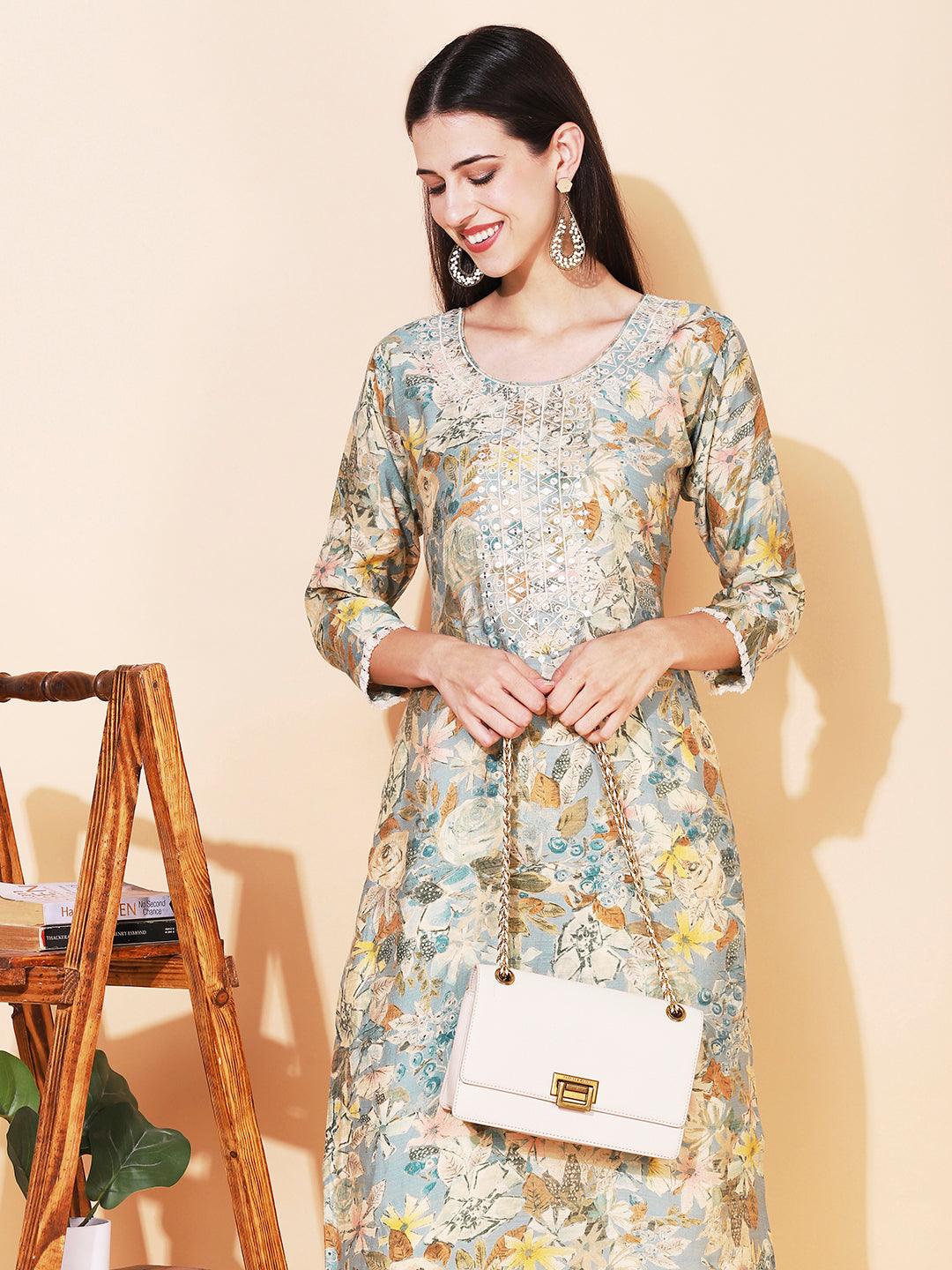 Abstract Floral Printed & Embroidered Straight Fit Kurta - Sage Green - Indiakreations