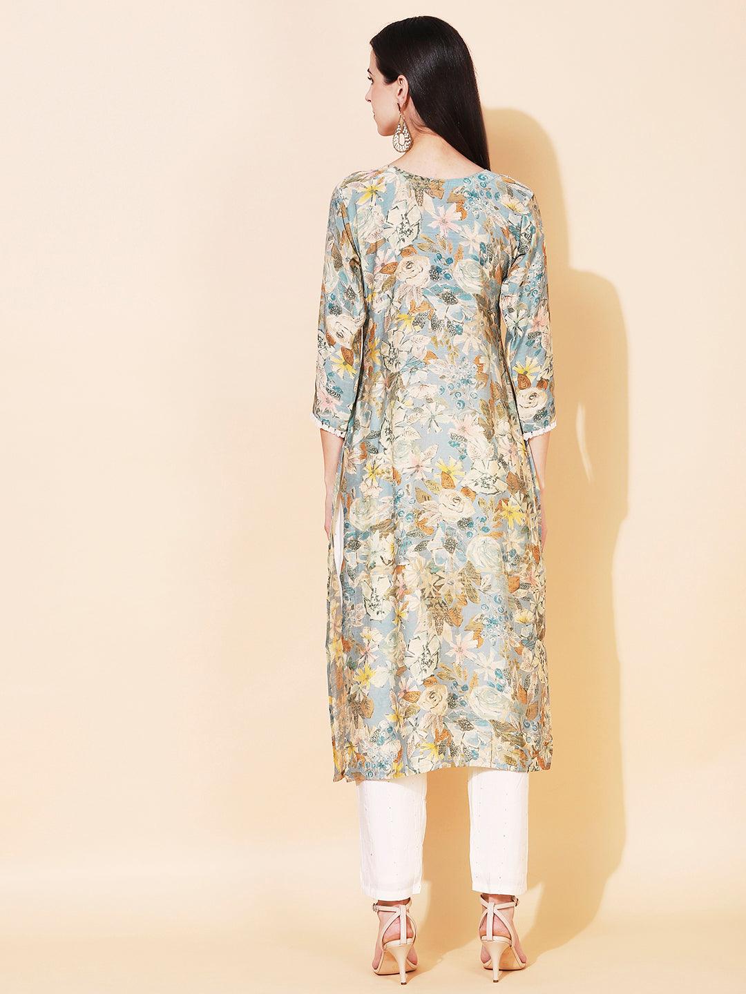 Abstract Floral Printed & Embroidered Straight Fit Kurta - Sage Green - Indiakreations