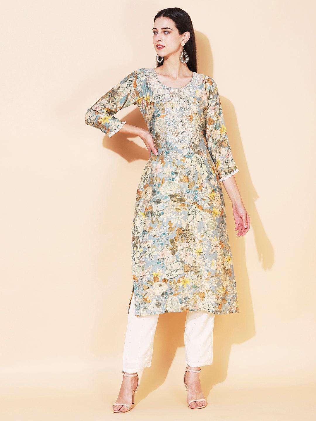 Abstract Floral Printed & Embroidered Straight Fit Kurta - Sage Green - Indiakreations