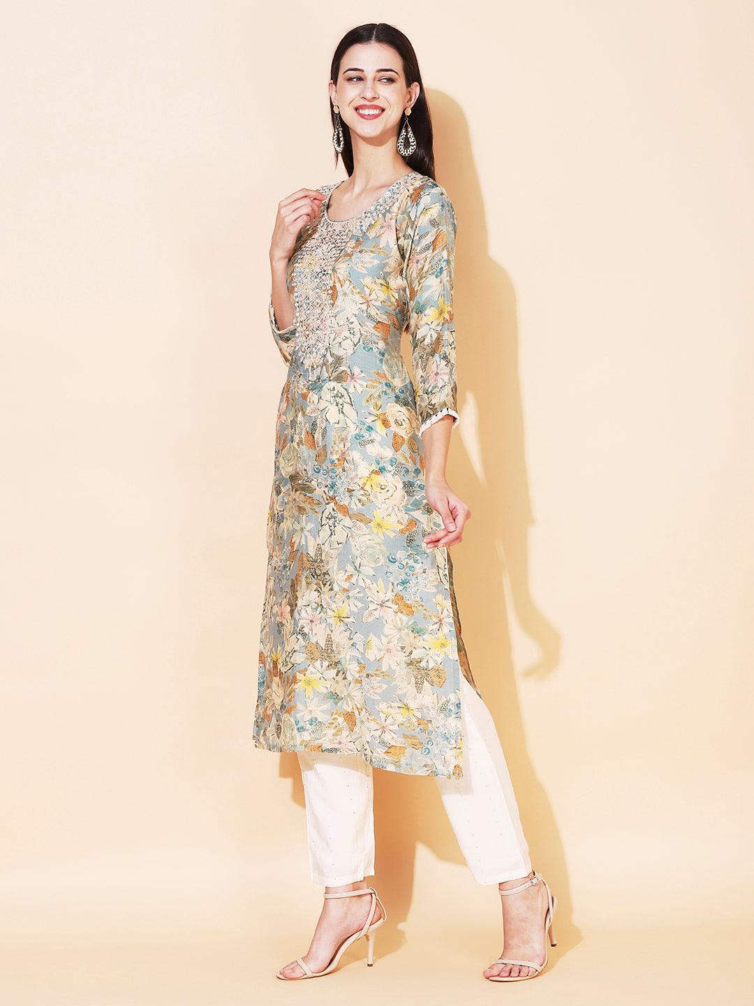 Abstract Floral Printed & Embroidered Straight Fit Kurta - Sage Green - Indiakreations