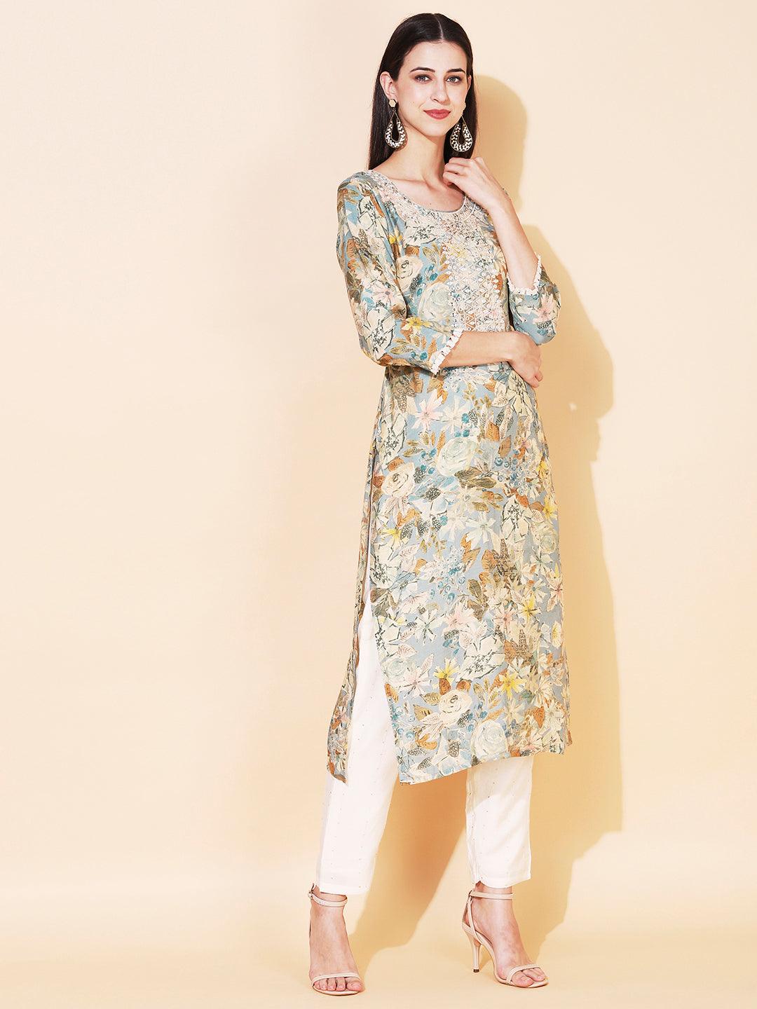 Abstract Floral Printed & Embroidered Straight Fit Kurta - Sage Green - Indiakreations