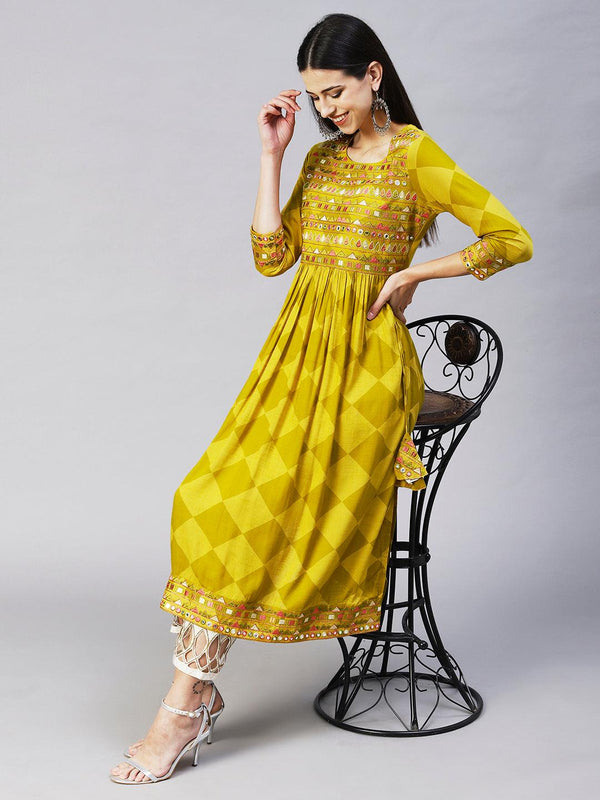 Checks Printed & Embroidered A-Line Kurta - Pear Green - Indiakreations