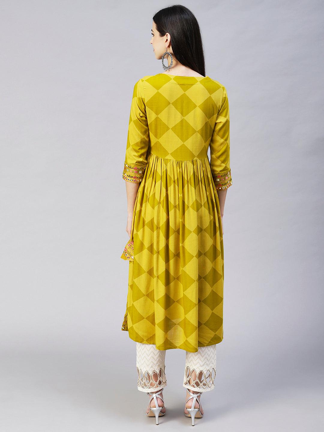 Checks Printed & Embroidered A-Line Kurta - Pear Green - Indiakreations