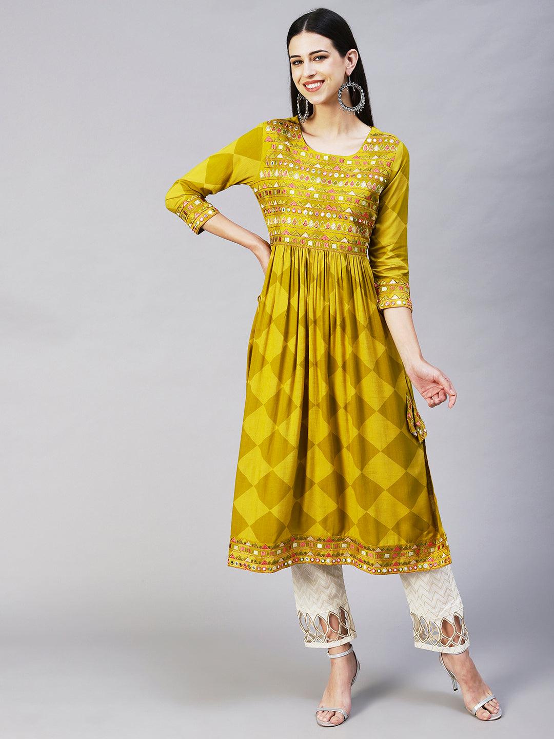 Checks Printed & Embroidered A-Line Kurta - Pear Green - Indiakreations