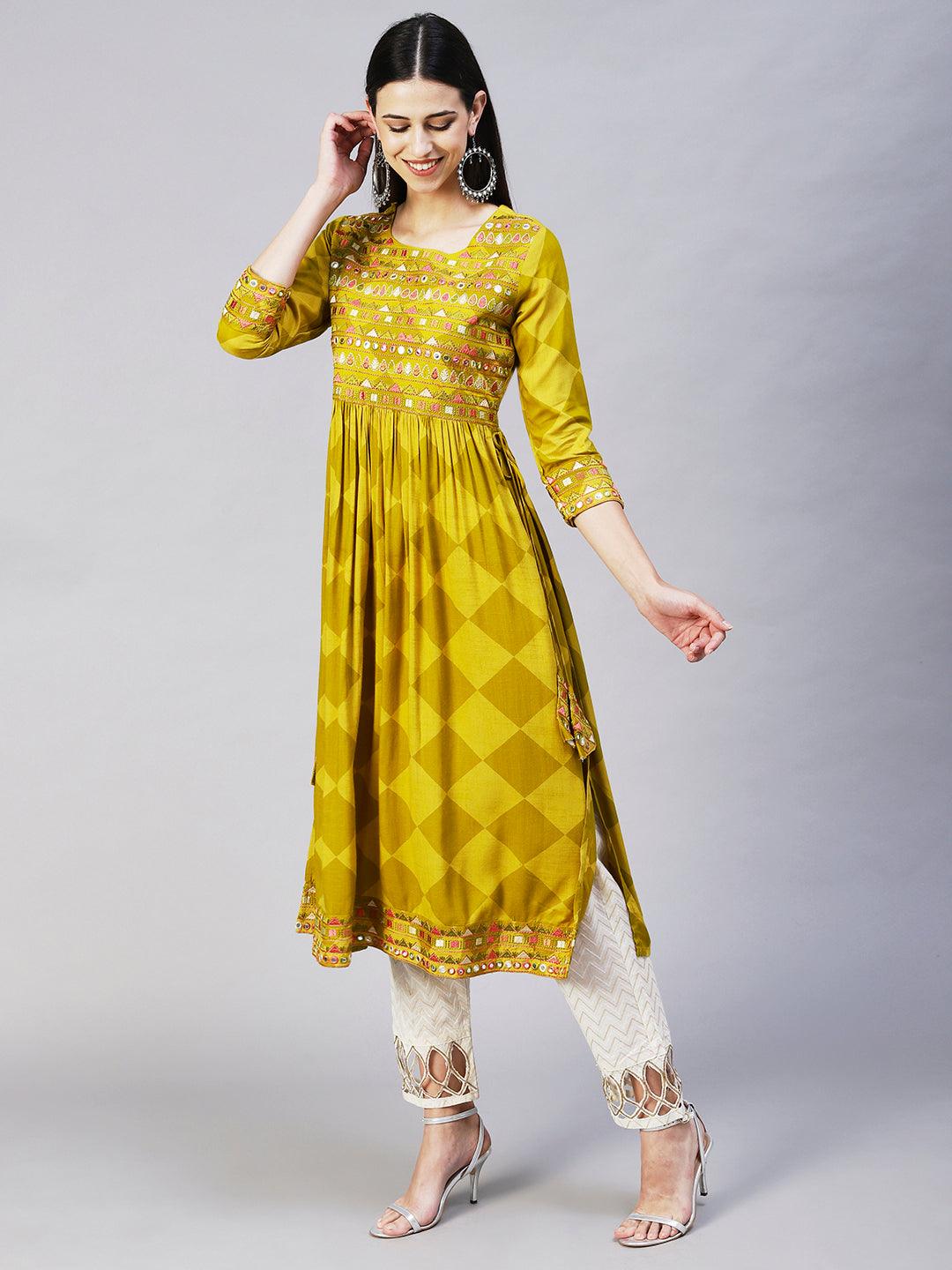 Checks Printed & Embroidered A-Line Kurta - Pear Green - Indiakreations