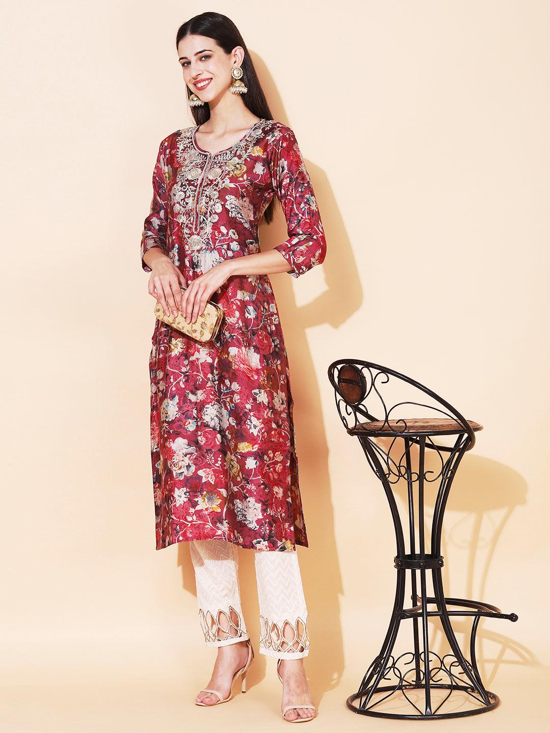 Floral Printed & Embroidered Straight Fit Kurta - Magenta - Indiakreations