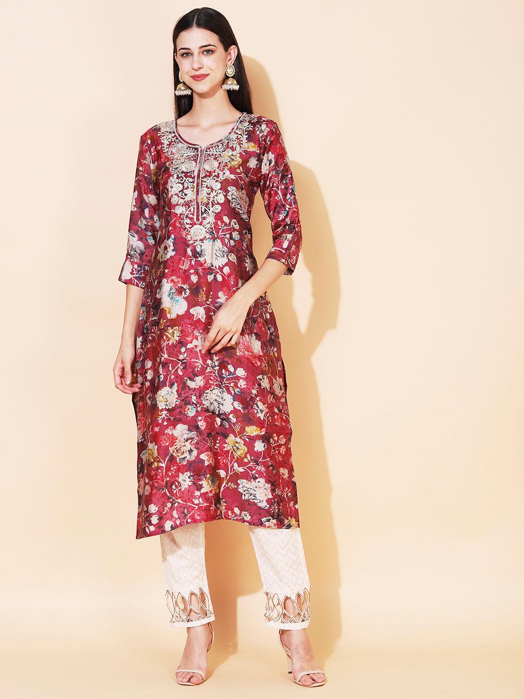 Floral Printed & Embroidered Straight Fit Kurta - Magenta - Indiakreations