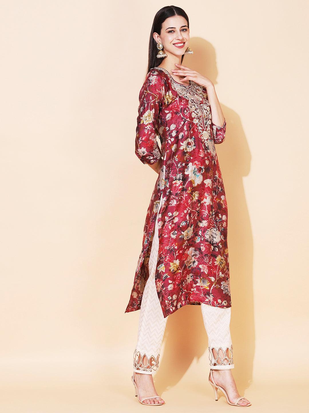 Floral Printed & Embroidered Straight Fit Kurta - Magenta - Indiakreations