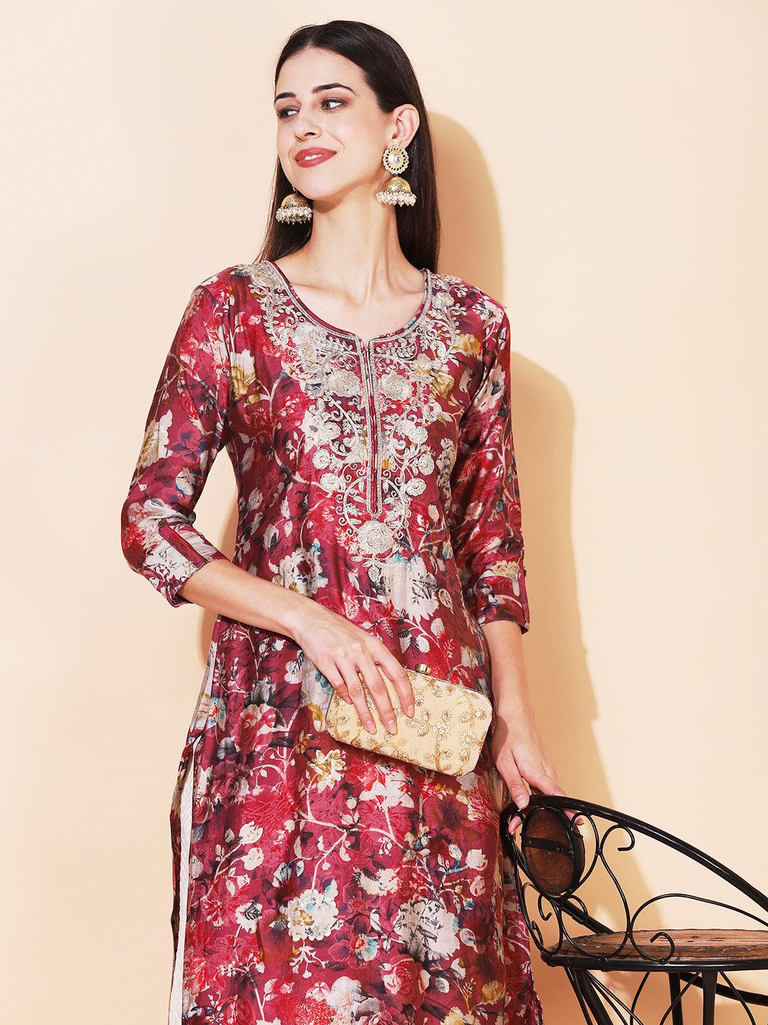 Floral Printed & Embroidered Straight Fit Kurta - Magenta - Indiakreations