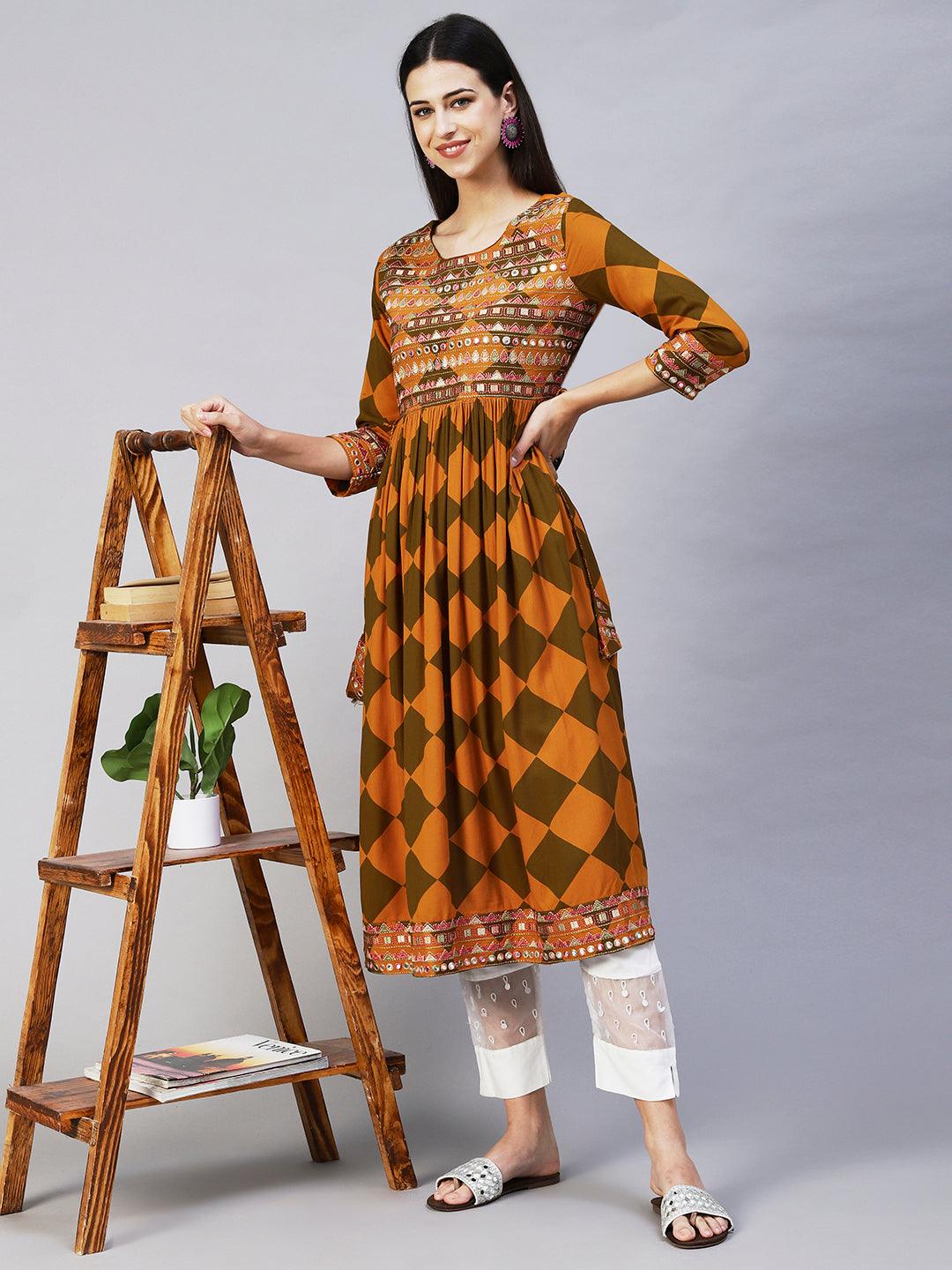 Checks Printed & Embroidered A-Line Kurta - Mustard - Indiakreations