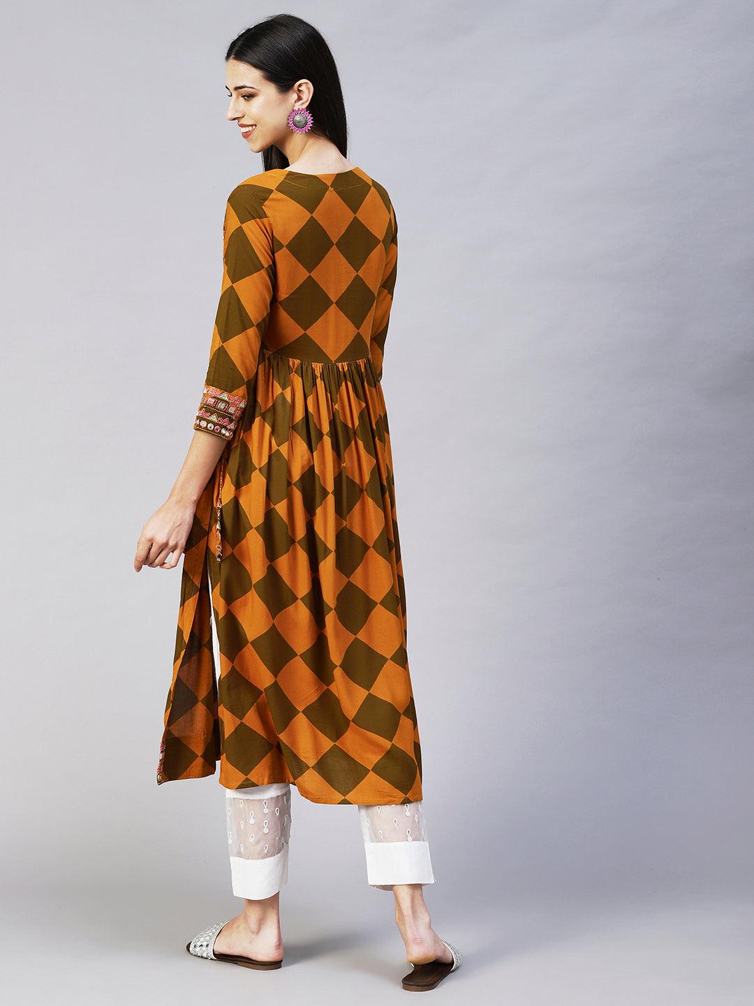 Checks Printed & Embroidered A-Line Kurta - Mustard - Indiakreations