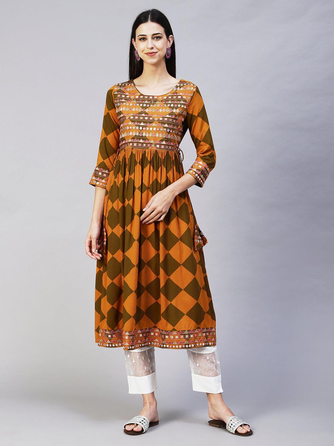 Checks Printed & Embroidered A-Line Kurta - Mustard - Indiakreations