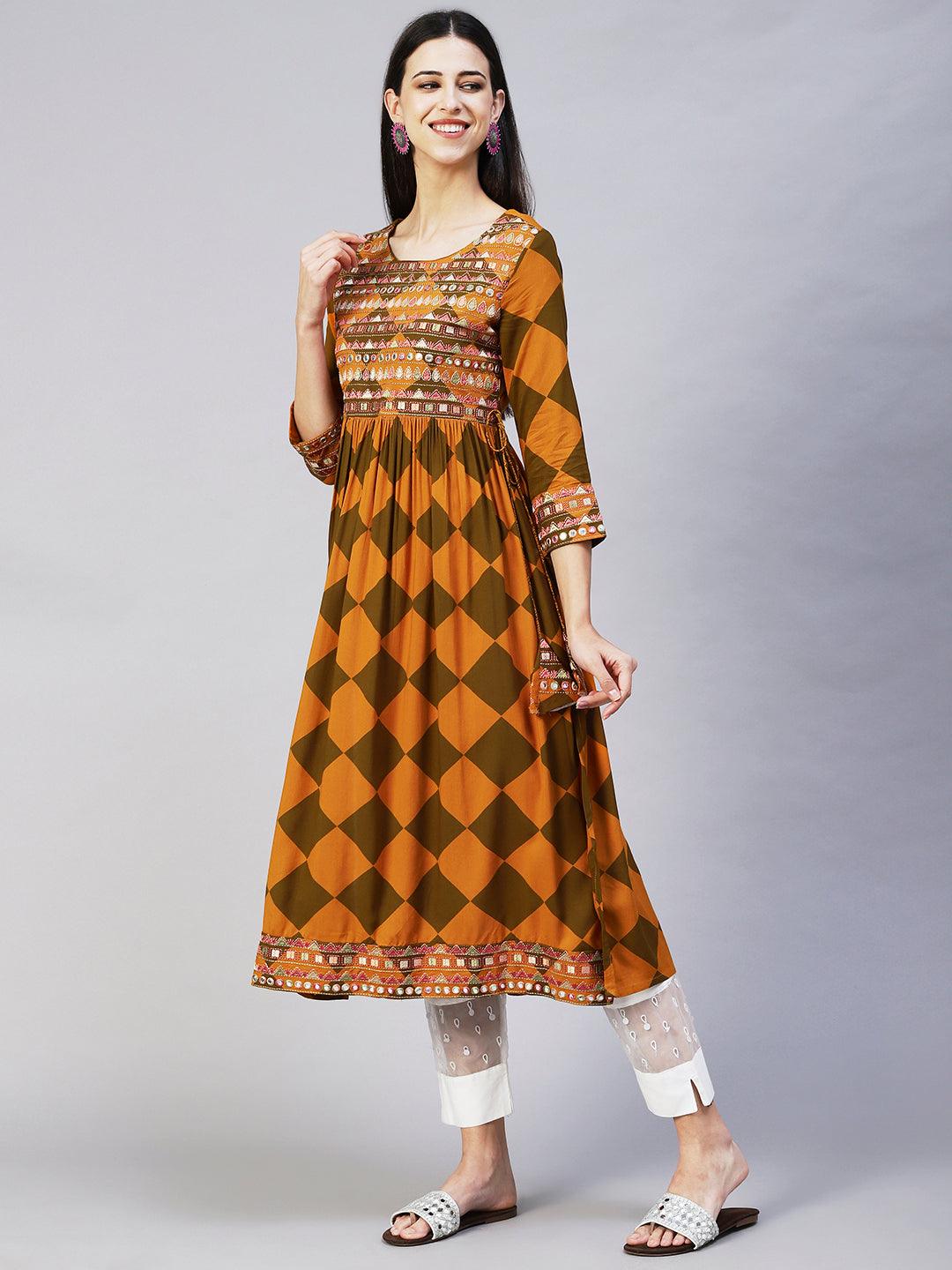 Checks Printed & Embroidered A-Line Kurta - Mustard - Indiakreations