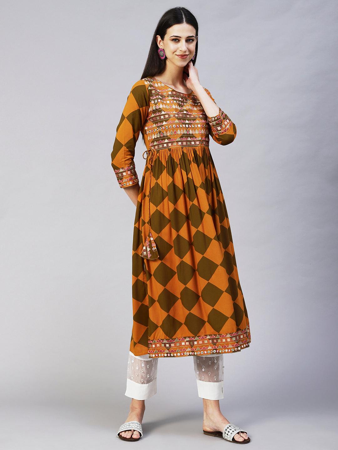 Checks Printed & Embroidered A-Line Kurta - Mustard - Indiakreations