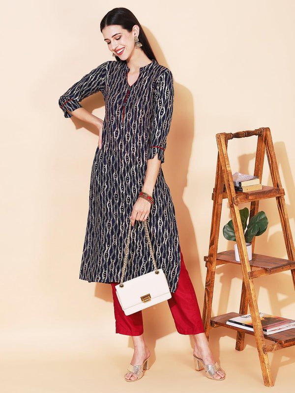 Ethnic Printed & Embroidered Straight Fit Kurta - Navy Blue - Indiakreations