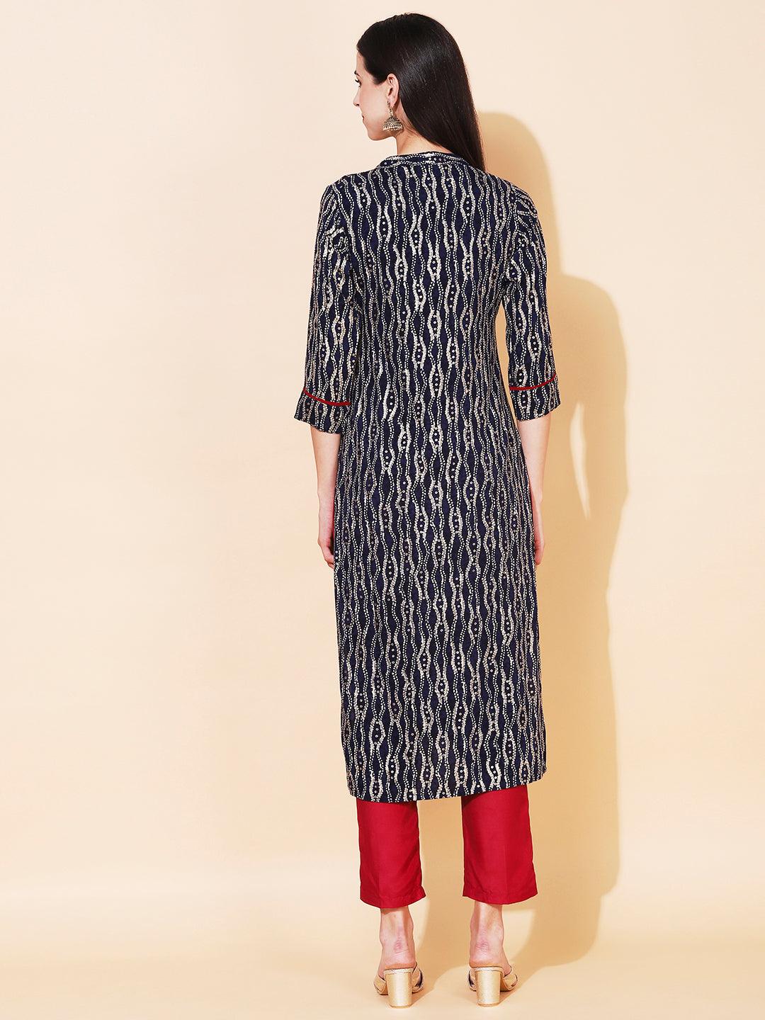 Ethnic Printed & Embroidered Straight Fit Kurta - Navy Blue - Indiakreations