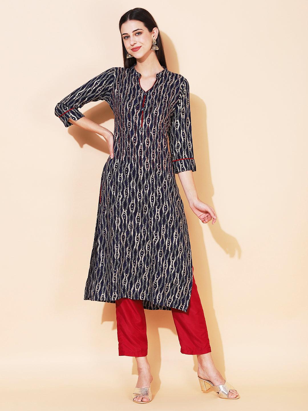 Ethnic Printed & Embroidered Straight Fit Kurta - Navy Blue - Indiakreations