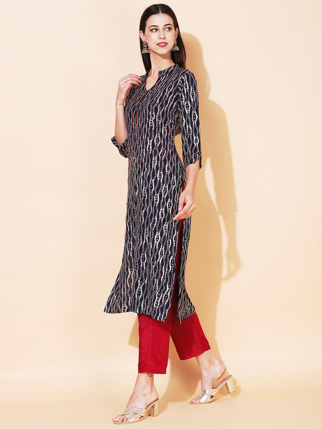 Ethnic Printed & Embroidered Straight Fit Kurta - Navy Blue - Indiakreations