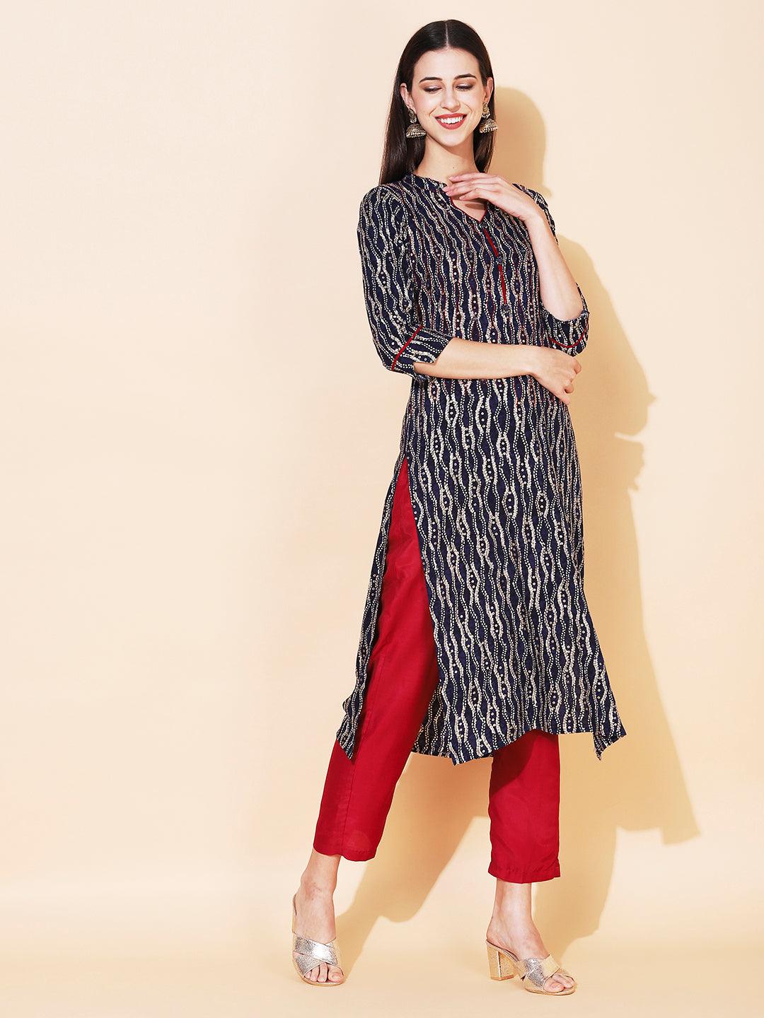 Ethnic Printed & Embroidered Straight Fit Kurta - Navy Blue - Indiakreations