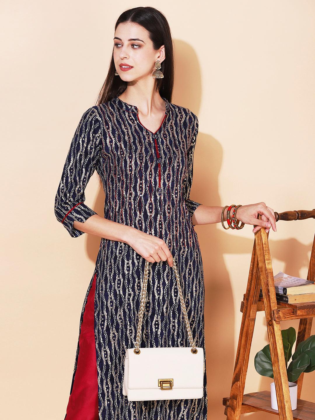 Ethnic Printed & Embroidered Straight Fit Kurta - Navy Blue - Indiakreations