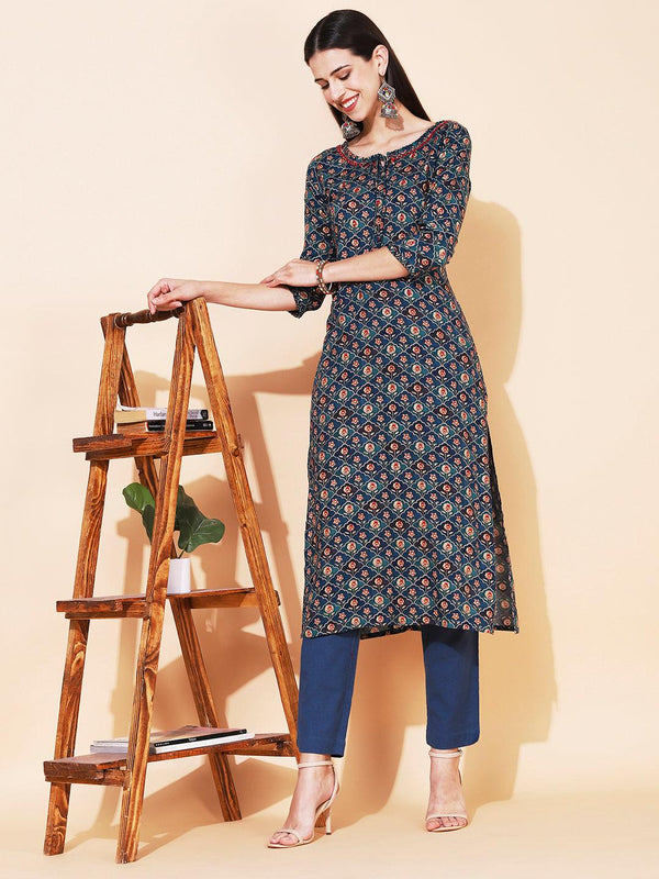 Floral Printed & Embroidered Straight Fit Kurta - Teal Blue - Indiakreations