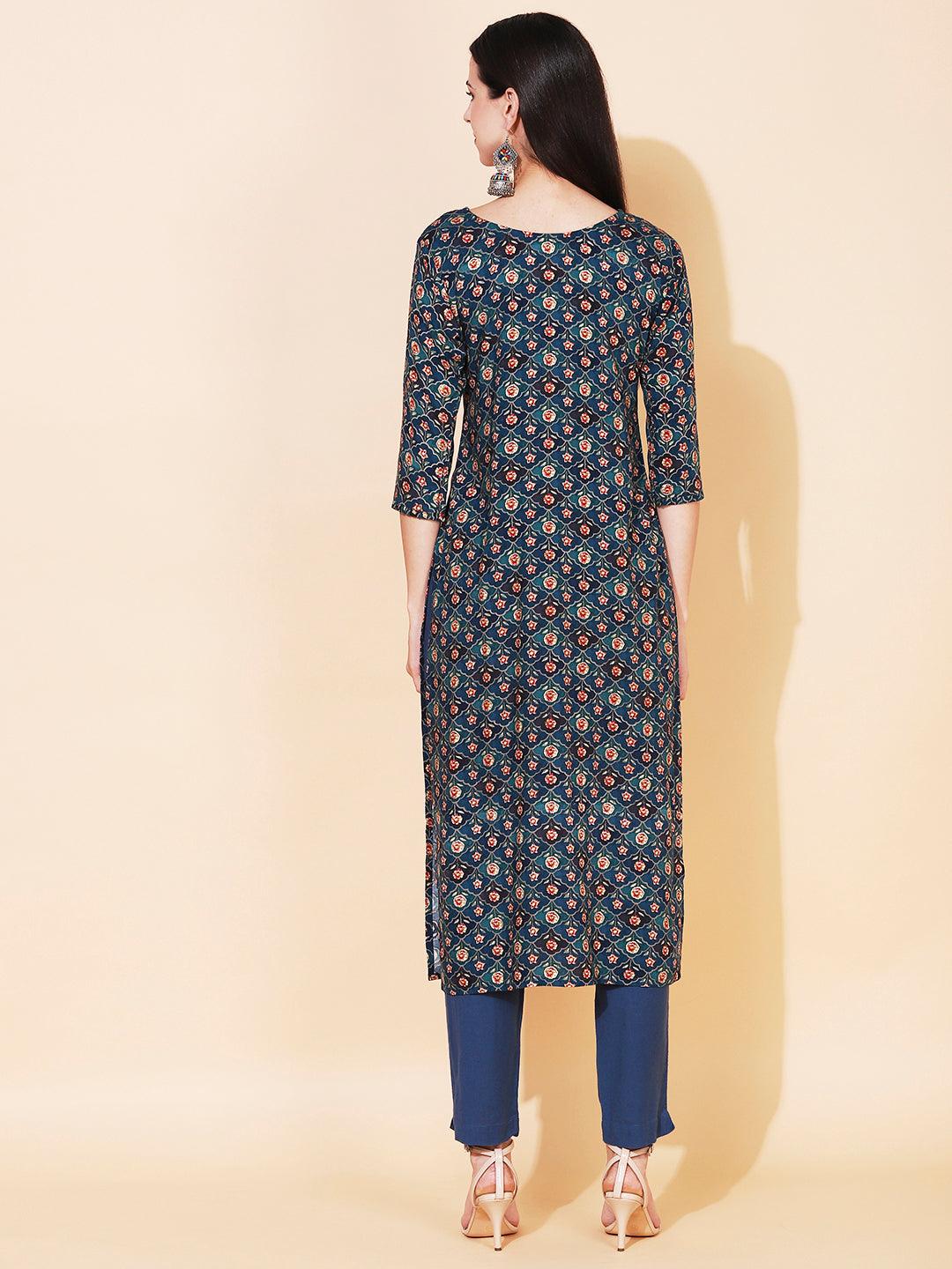 Floral Printed & Embroidered Straight Fit Kurta - Teal Blue - Indiakreations