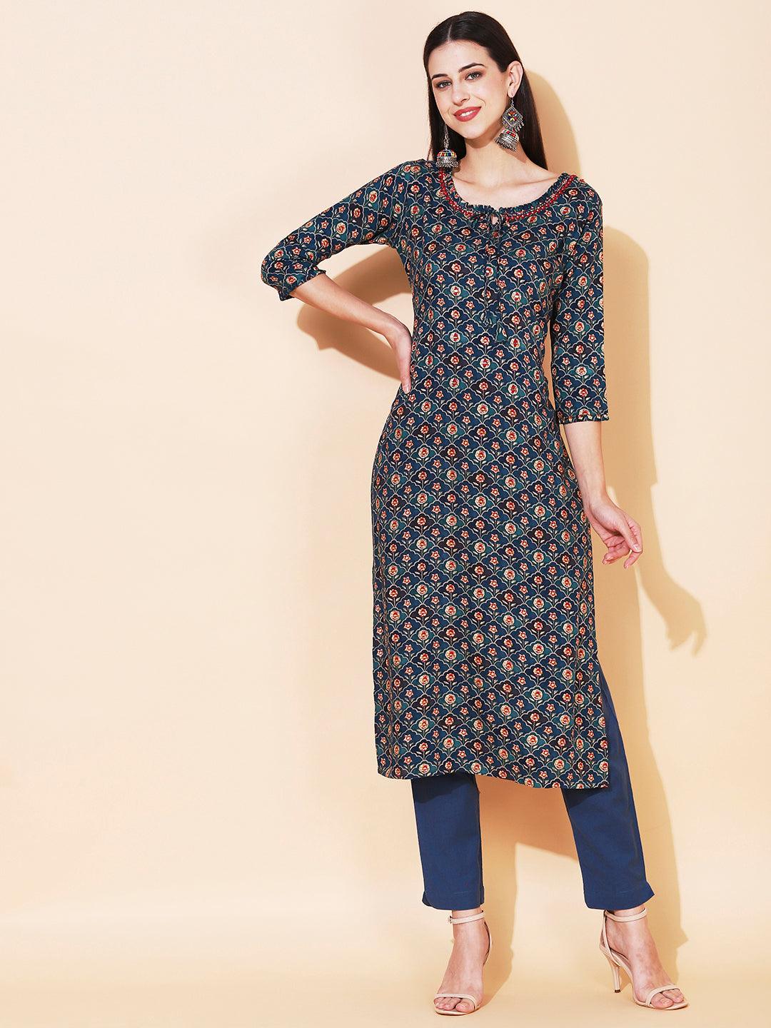 Floral Printed & Embroidered Straight Fit Kurta - Teal Blue - Indiakreations