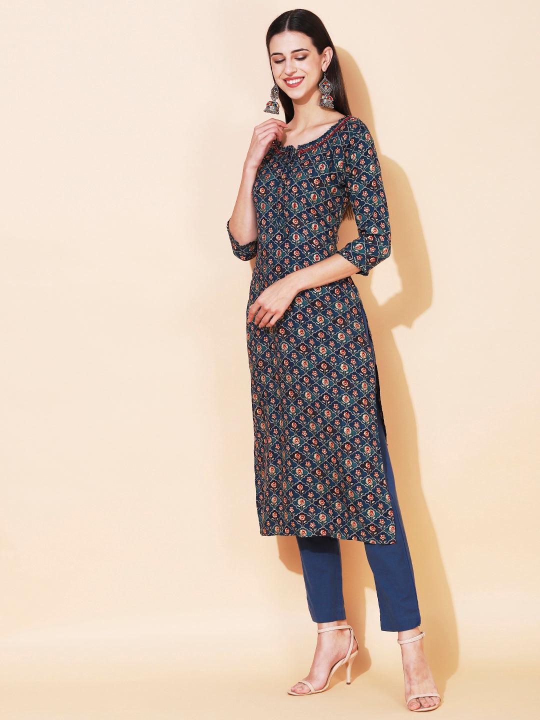 Floral Printed & Embroidered Straight Fit Kurta - Teal Blue - Indiakreations