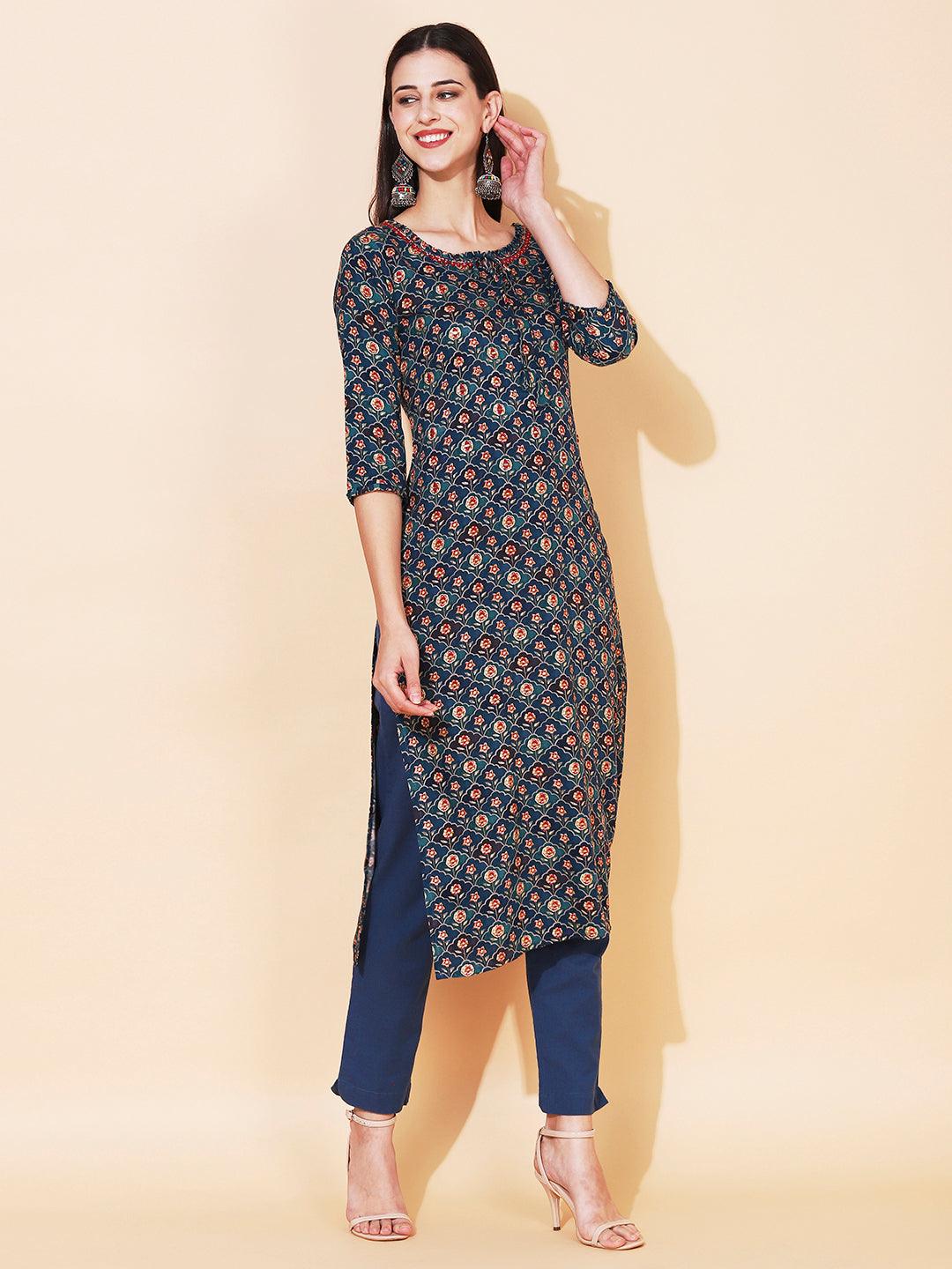 Floral Printed & Embroidered Straight Fit Kurta - Teal Blue - Indiakreations