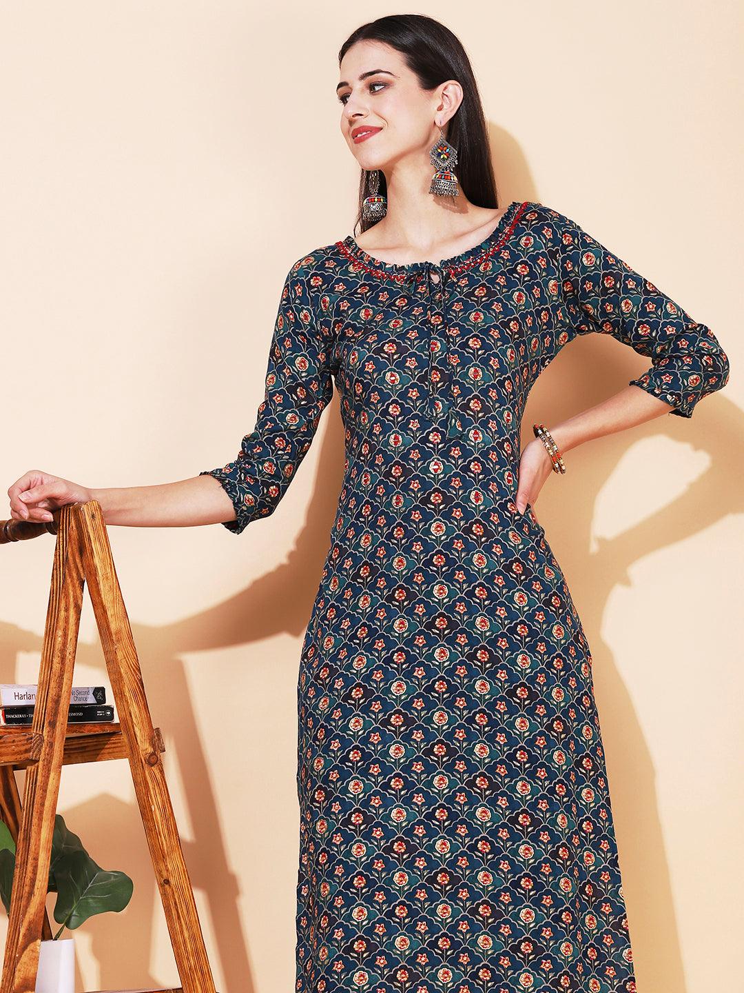 Floral Printed & Embroidered Straight Fit Kurta - Teal Blue - Indiakreations