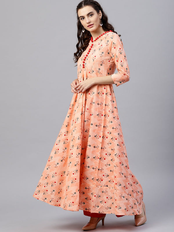 Floral multi Printed A-Line Maxi Kurta with V-neck and 3/4 sleeves | NOZ2TOZ - Made In INDIA.