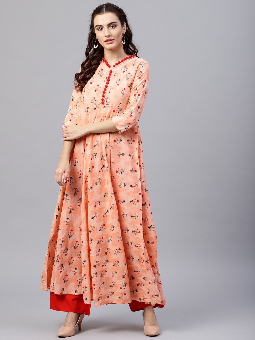 Floral multi Printed A-Line Maxi Kurta with V-neck and 3/4 sleeves | NOZ2TOZ - Made In INDIA.