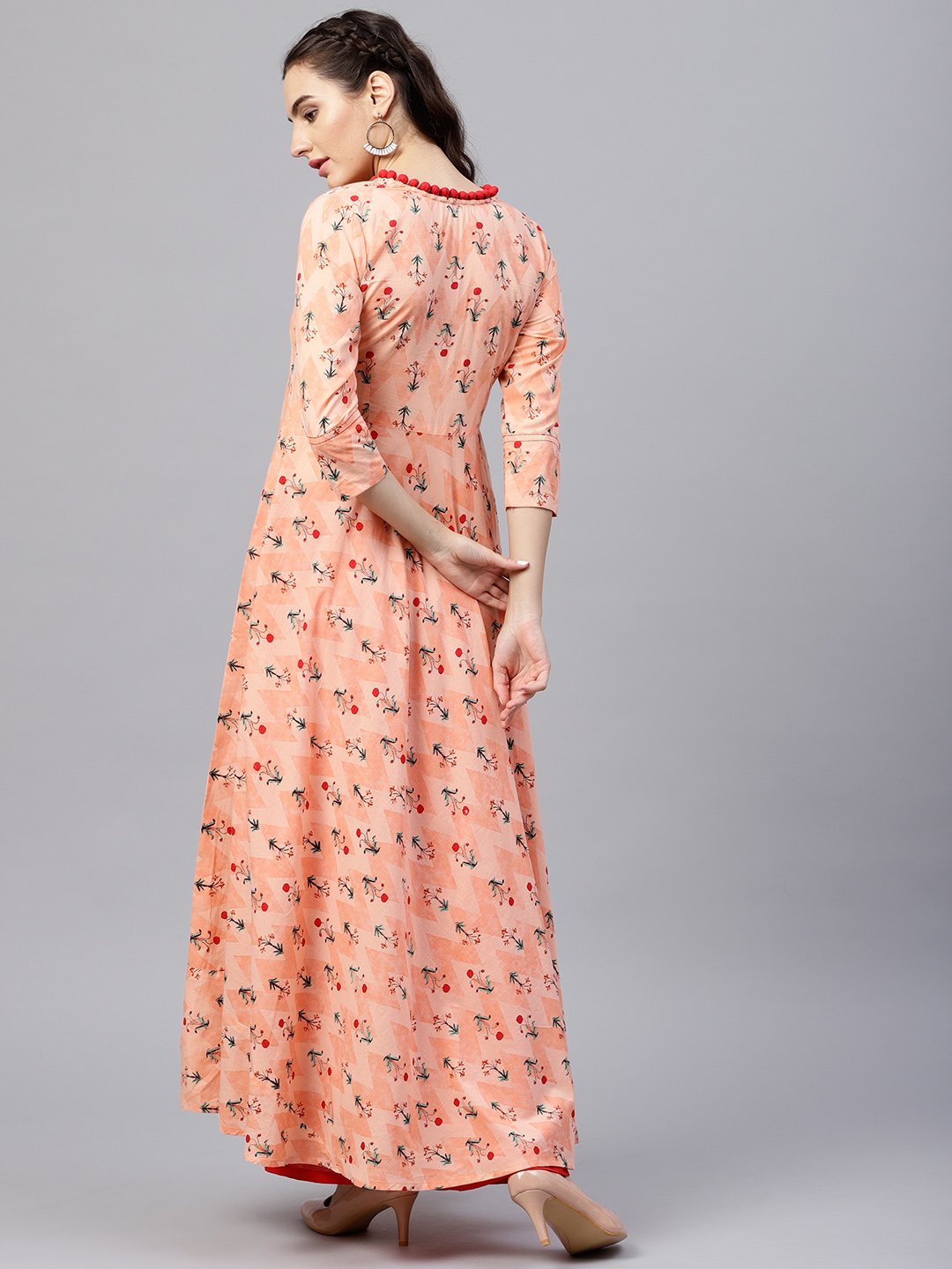 Floral multi Printed A-Line Maxi Kurta with V-neck and 3/4 sleeves | NOZ2TOZ - Made In INDIA.