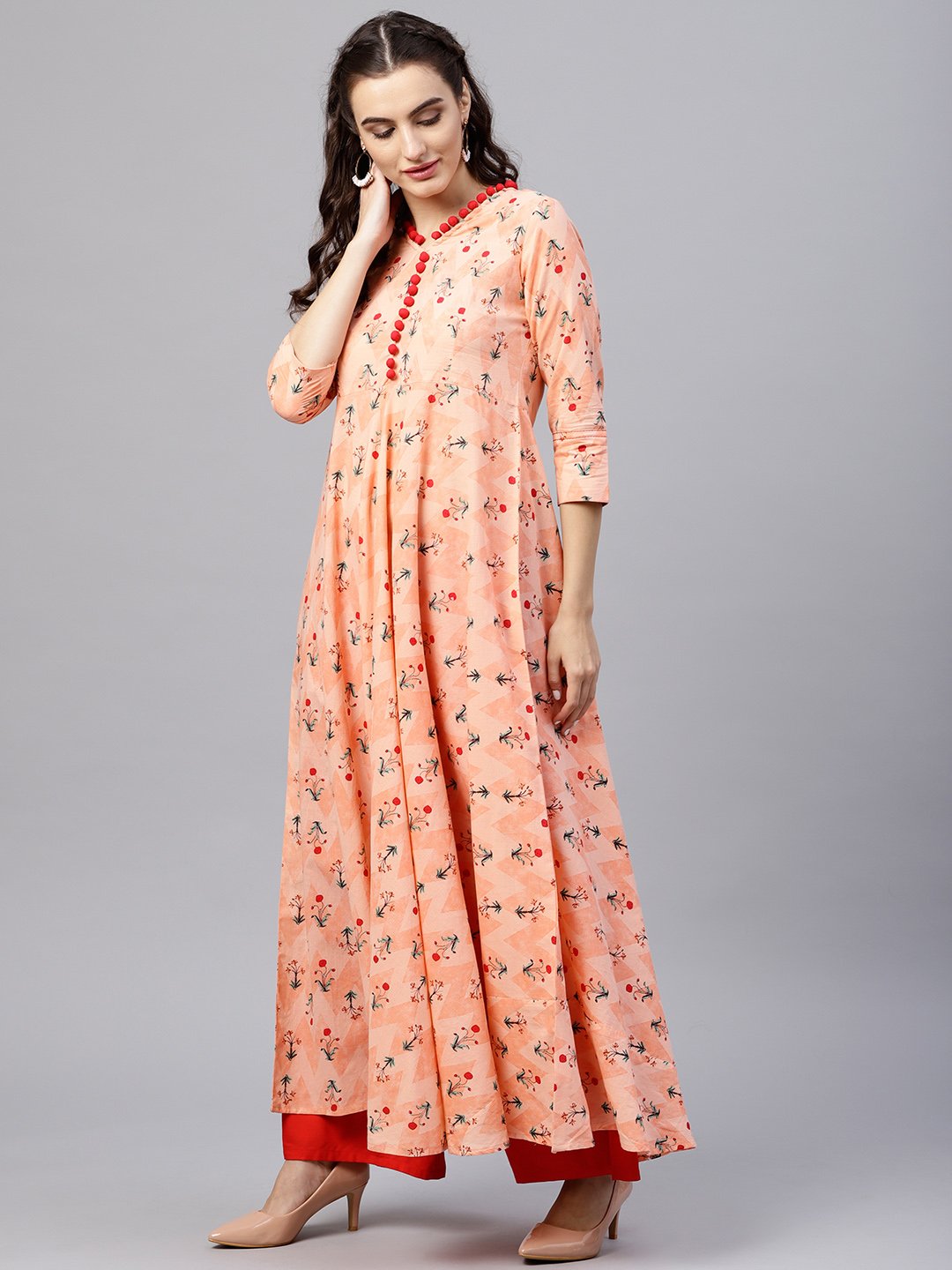 Floral multi Printed A-Line Maxi Kurta with V-neck and 3/4 sleeves | NOZ2TOZ - Made In INDIA.