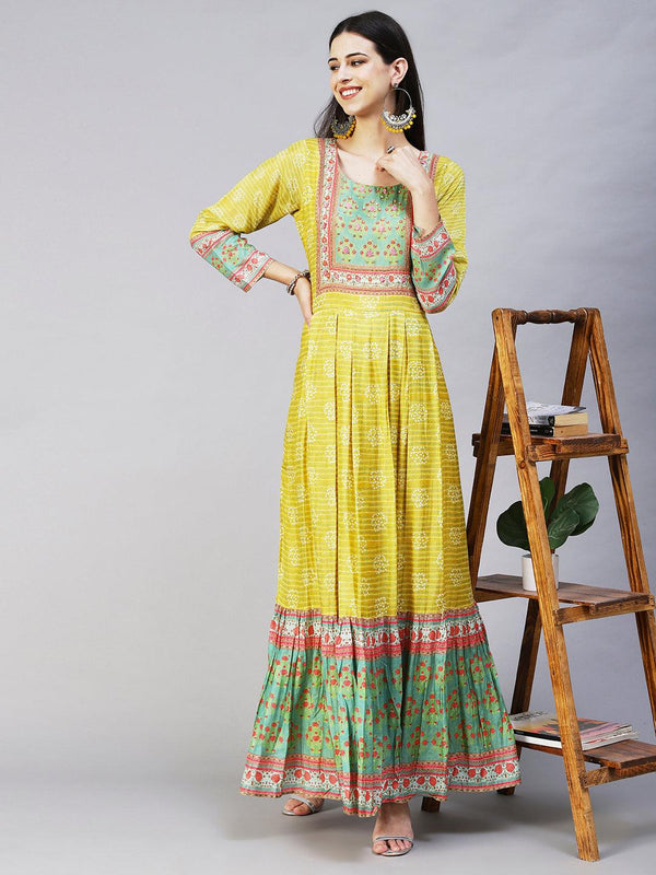 Abstract Stripes Printed Hand Embroidered Pleated Maxi Dress - Lime Green - Indiakreations