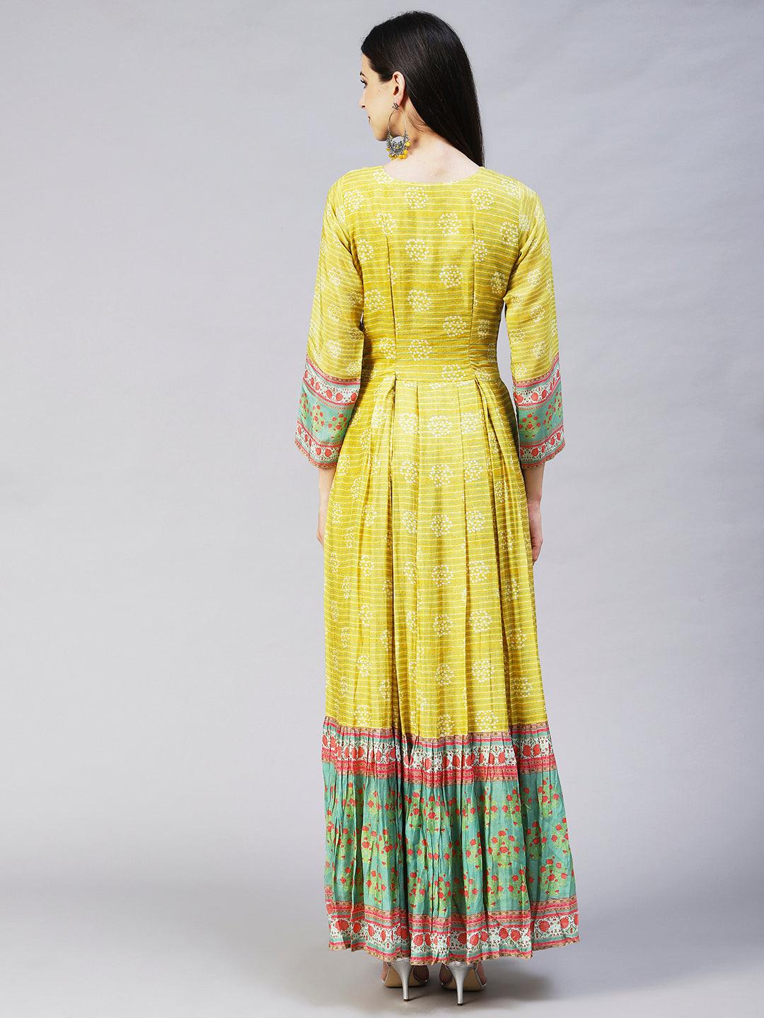 Abstract Stripes Printed Hand Embroidered Pleated Maxi Dress - Lime Green - Indiakreations