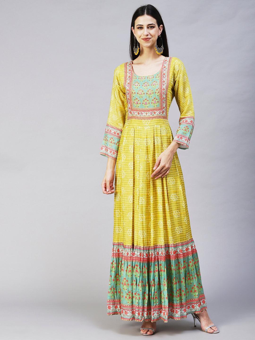 Abstract Stripes Printed Hand Embroidered Pleated Maxi Dress - Lime Green - Indiakreations