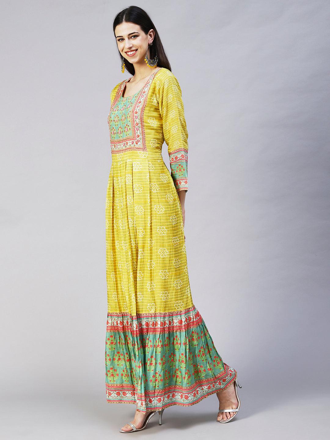 Abstract Stripes Printed Hand Embroidered Pleated Maxi Dress - Lime Green - Indiakreations