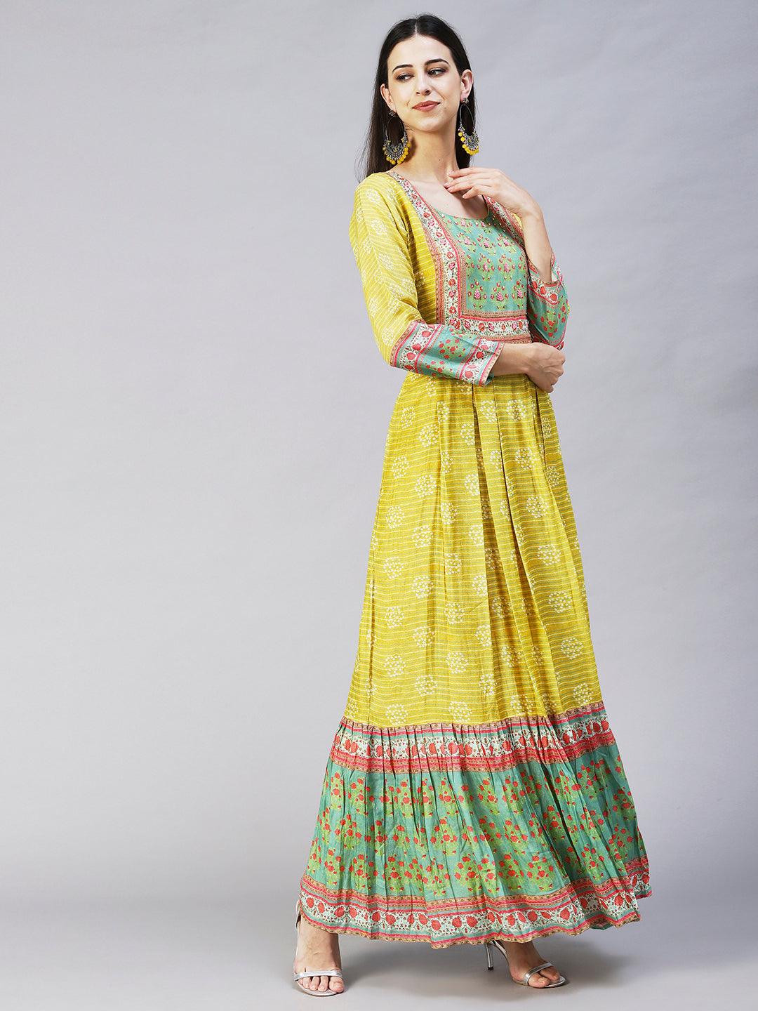 Abstract Stripes Printed Hand Embroidered Pleated Maxi Dress - Lime Green - Indiakreations