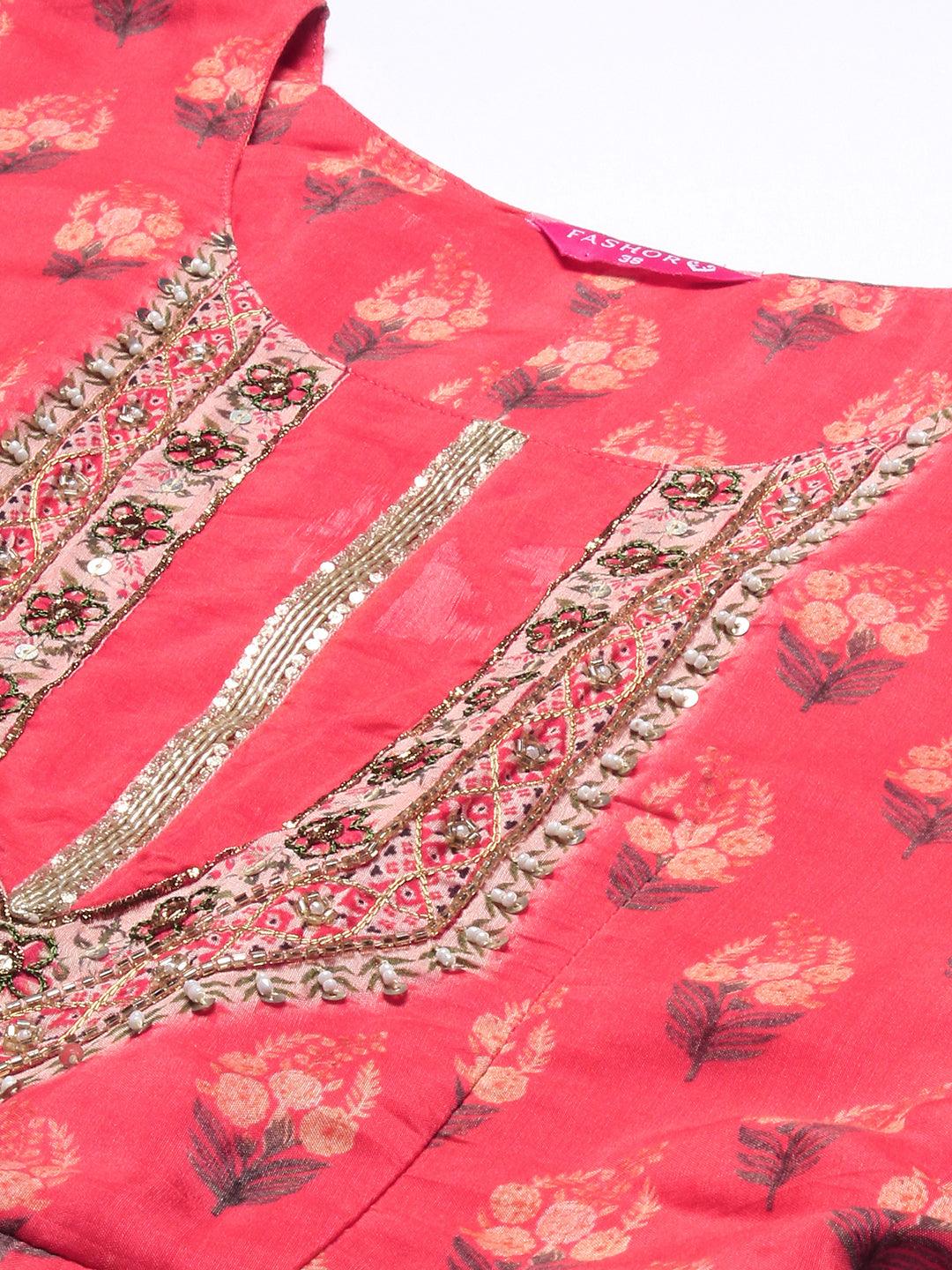 Floral Printed Hand Embroidered Pleated Maxi Dress - Coral - Indiakreations