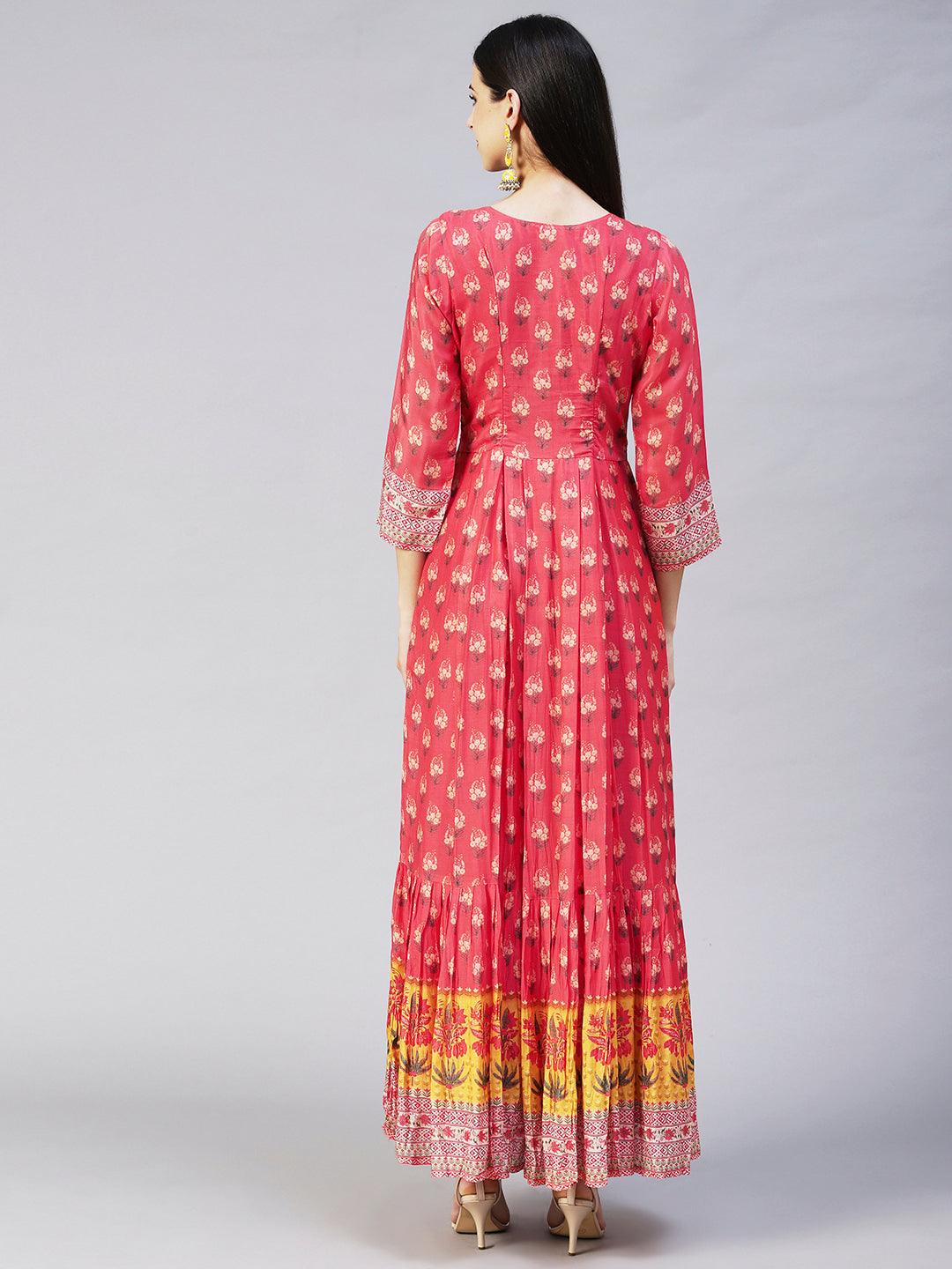 Floral Printed Hand Embroidered Pleated Maxi Dress - Coral - Indiakreations